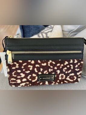 Brahmin Black Leather & Brown Leopard Calf Hair Clutch